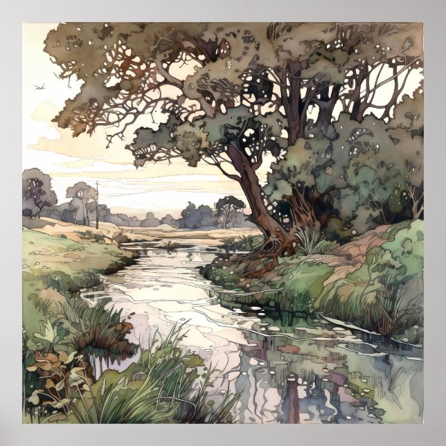 Poster Country Landscape Watercolor  (Devant)