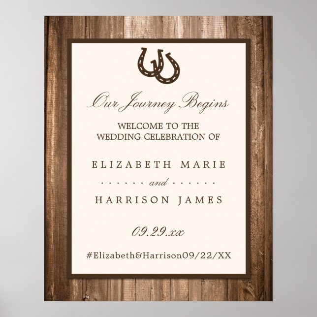 Poster Country Rustic Horseshoe & Wood Mariage Bienvenue (Devant)