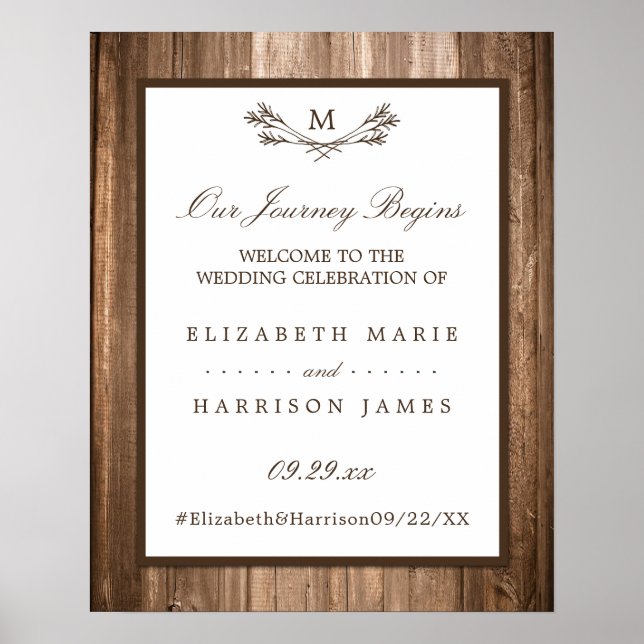 Poster Country Rustic Monogram Branche & Mariage bois (Devant)