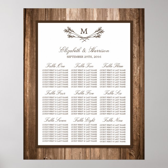 Poster Country Rustic Monogram Branche & Mariage bois (Devant)