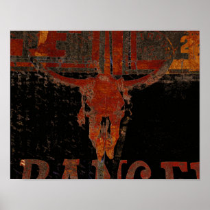 Poster Country Western Bull Skoule Script de rouille Vint