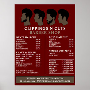 Poster Coupe de cheveux, Liste de prix des barbiers pour