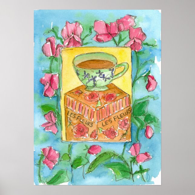 Poster Coupe de petits pois sucrés de tea aquarelle peint (Devant)