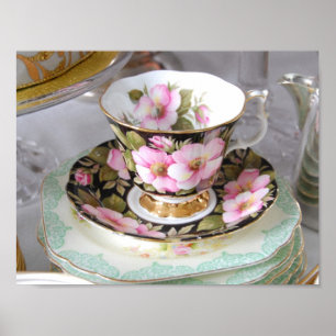 Poster Coupe et soucoupe Vintage rose, noire et or