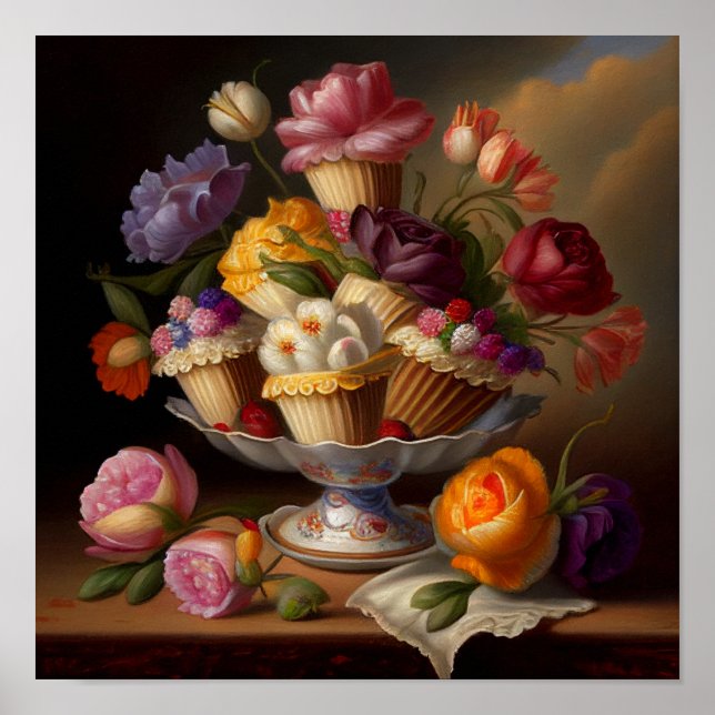 Poster Coupe Gâteaux et fleurs Art de la vie morte (Devant)