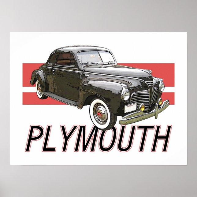 Poster Coupe Plymouth 1941 avec graphisme et texte. (Devant)