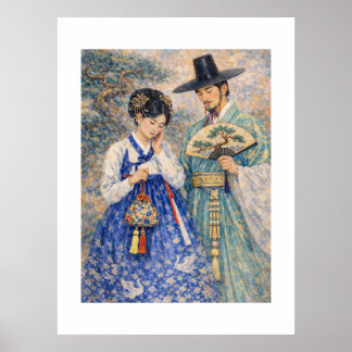 Poster Couple Coréen Timide en Hanbok – Romantique Est-As