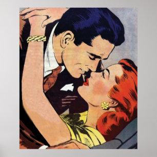 Poster Couple dans une embrasse aimante elle a les cheveu
