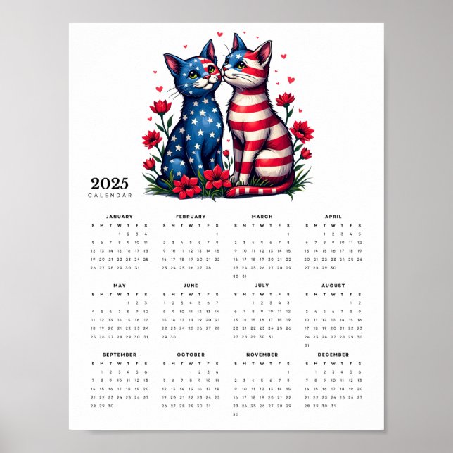 Poster Couple de chat patriotique en amour 2025 Calendrie (Devant)
