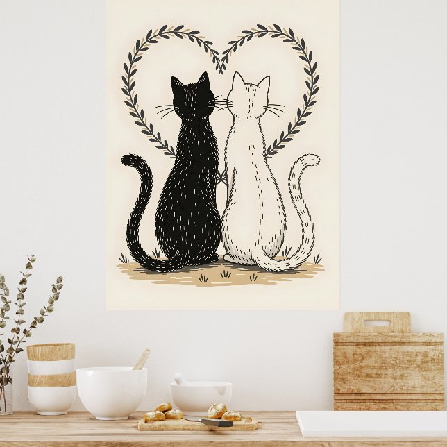 Poster Couple de chats amoureux du coeur floral (Cuisine)