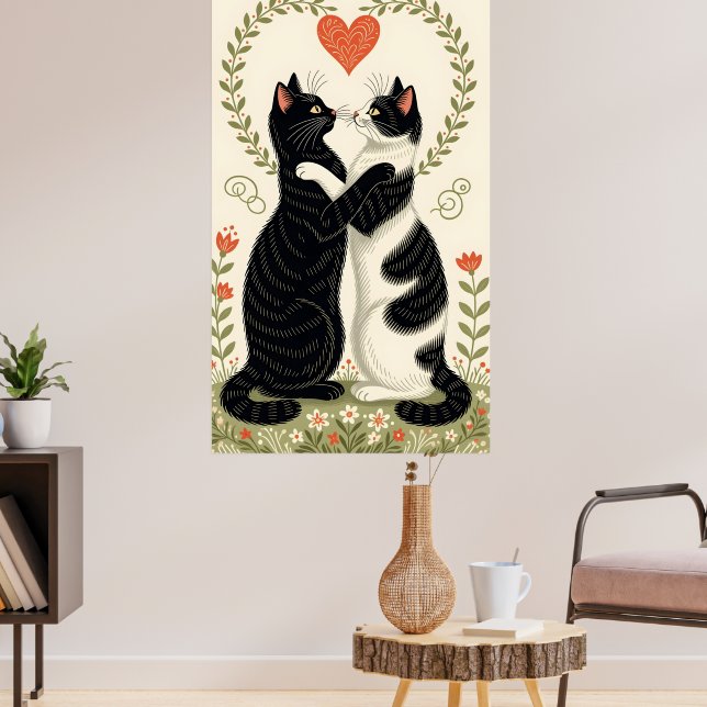Poster Couple de chats amoureux du coeur floral (Salon 3)