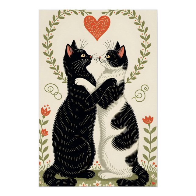 Poster Couple de chats amoureux du coeur floral (Devant)