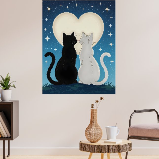 Poster Couple de chats amoureux sous la lune (Salon 3)