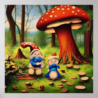 Poster Couple de Gnome de la Forêt Fantaisiste avec Champ