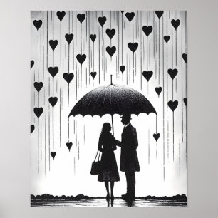 Poster Couple debout sous parapluie, pluie en forme de co