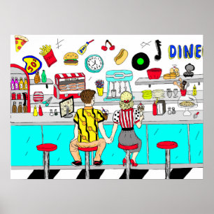 Poster Couple Holding Hand Retro Nostalgic Fifties Diner