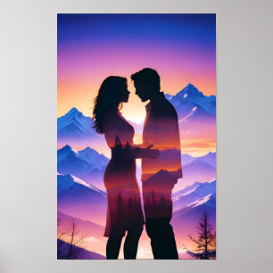 Poster Couple Love Romantique coucher de soleil Silhouett