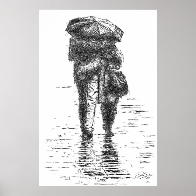 Poster Couple marchant sous la pluie (Devant)