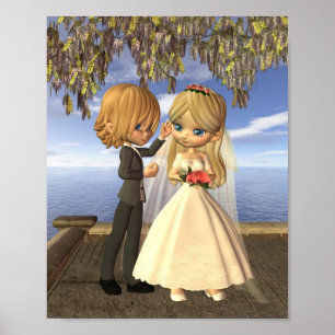 Poster Couple Mariage Cute Toon sur un balcon en bord de