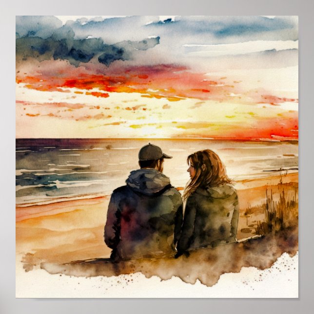 Poster Couple Regardant Le Coucher De Soleil (Devant)