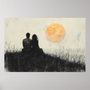 Poster Couple regardant le coucher de soleil dans l'art n