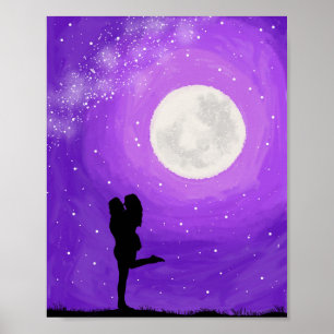 Poster Couple romantique nuit violette pleine lune étoile