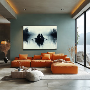 Poster Couple romantique ramant sur un lac brumeux Minima