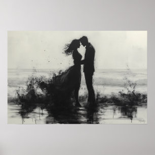 Poster Couple romantique s'embrassant dans les éclaboussu