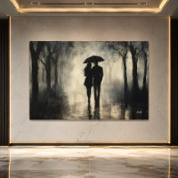 Couple romantique sous la pluie – Art au fusain mi