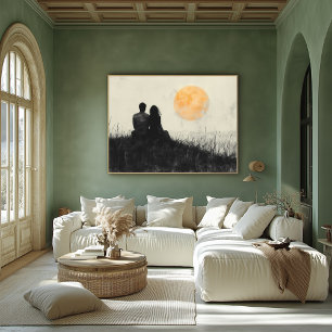 Poster Couple Watching Sunset in Black and White Art