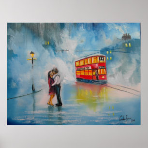 Poster Couples de baiser de TRAM ROUGE de PARAPLUIE de