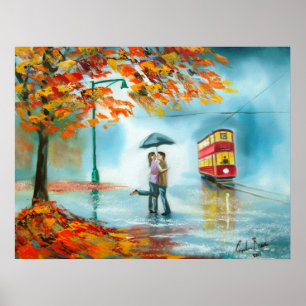 Poster Couples romantiques de parapluie rouge de tram