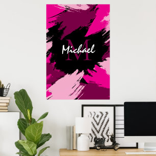 Poster Coups de pinceau nuances de rose chaud nom avec mo