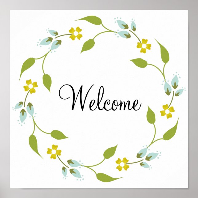 Poster Courbe fleurie jaune Bienvenue (Devant)