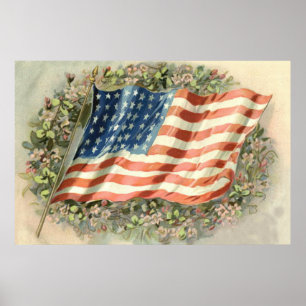 Poster Couronne de fleurs du drapeau américain Memorial D