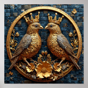 Poster Couronne de mosaïque d'oiseaux dorés Art de luxe é