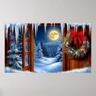 Poster Couronne de Noël 🌲 Forêt enneigée au clair de lun