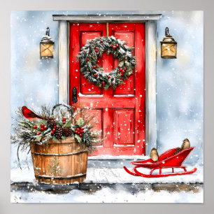 Poster Couronne de Noël rouge rustique vintage d'hiver po