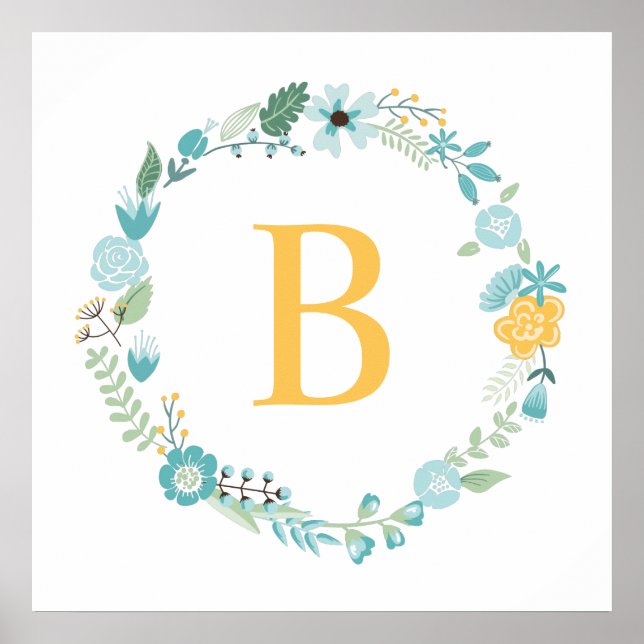 Poster Couronne florale monogramme Aqua et Jaune (Devant)