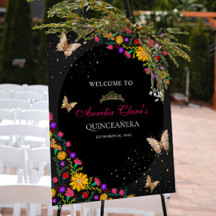 Poster Couronne papillon en or noir floral Mis Quinceañer