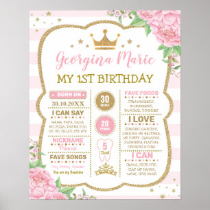 Poster Couronne rose Florale Princesse 1er anniversaire J