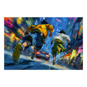 Poster Course-poursuite sous la pluie néon des coureurs c