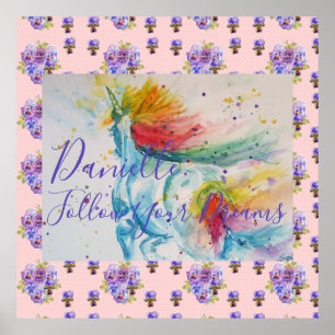Poster Couverture de licorne aquarelle rose avec prénom d