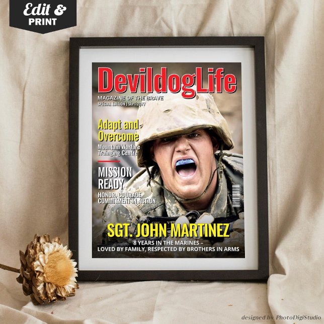 Poster Couverture de magazine personnalisée, Soldat marin (Personalized Marine Soldier Gift, Custom Soldier Magazine Cover Poster)