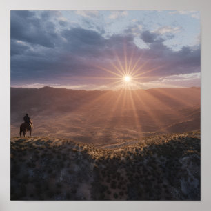 Poster Cow-boy à cheval au coucher du soleil, désert occi