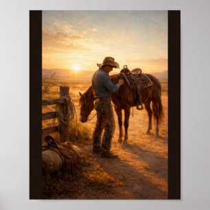 Poster Cow-boy ajustant sa selle au lever du soleil