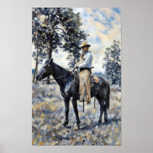 Poster cow-boy assis sur un cheval peinture d'art occiden