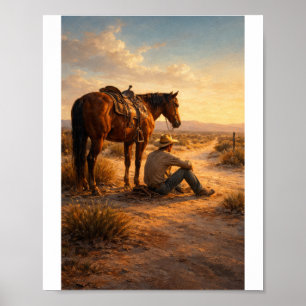 Poster Cow-boy et cheval au coucher du soleil