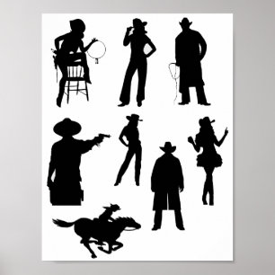Poster Cow-boys cow-girls du pays silhouettes rodéo