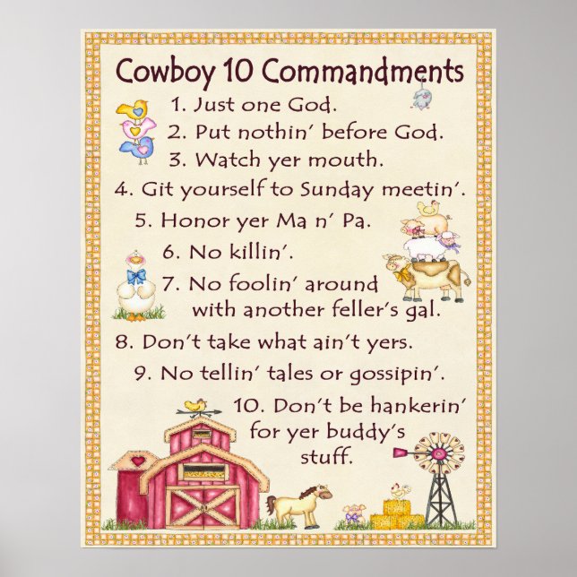 Poster Cowboy 10 Commandments - Farm Fun (large) (Devant)